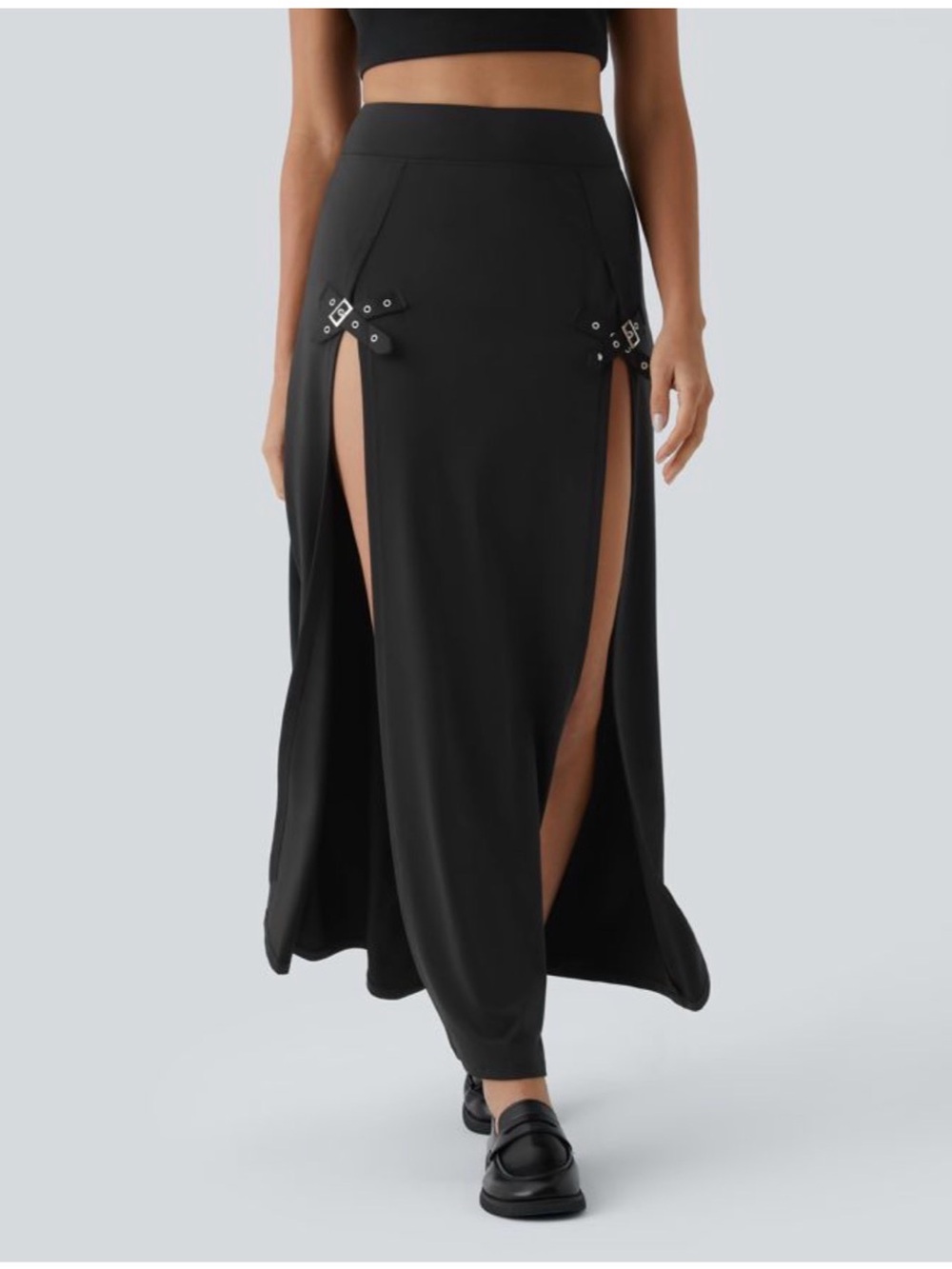 HALARA Black Maxi Skirt with Double Front Slits and Buckle Straps